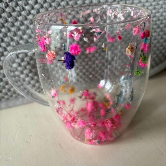 Creative Cup 350 ml Double Wall Clear Glass Pink Dried Flowers Insulted Tea Cup - Picture 2 of 6